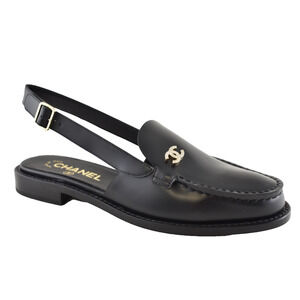 Chanel REV Black Leather CC Crystal Logo Coco Sling Slingback Ballet Flat 39